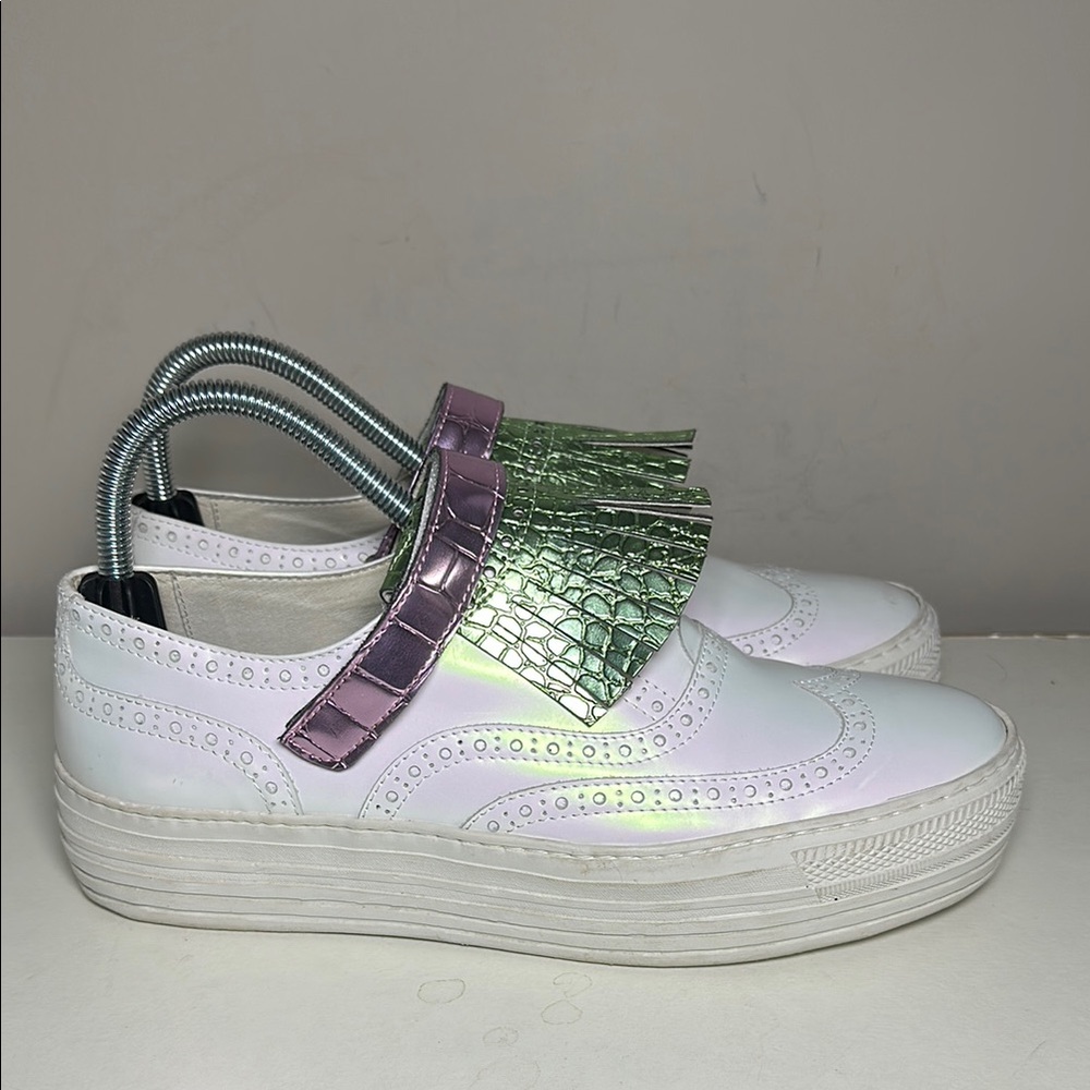 Iridescent White Platform Slip-On Shoes with Green and Pink/lavender Accent